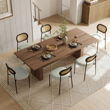 Rattan Dining Chairs Set of 6, Beige Leather Upholstered Dining Chairs with Rattan Cane Back, Mid Century Modern
