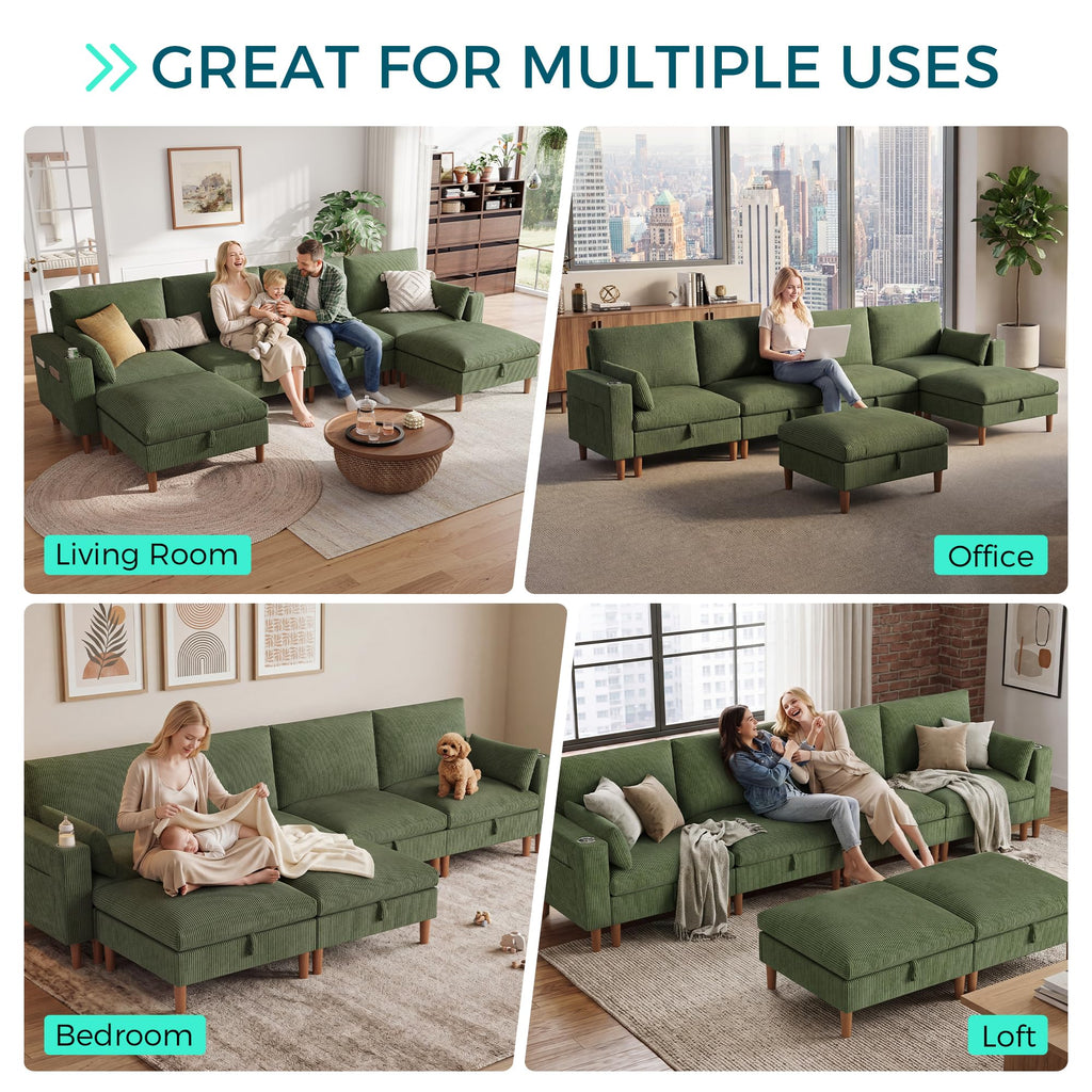 142" Modular Sectional Sofa with Storage, 4-Seat Cloud Couch with 2 Movable Ottoman & 2 Pillows, Corduroy Deep Seat