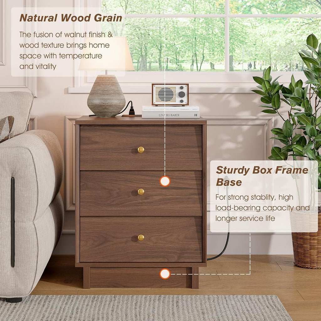 Nightstand with 3 Drawers and Charging Station, Mid Century Modern Bedside Table, 19" Wide Wood End Table with