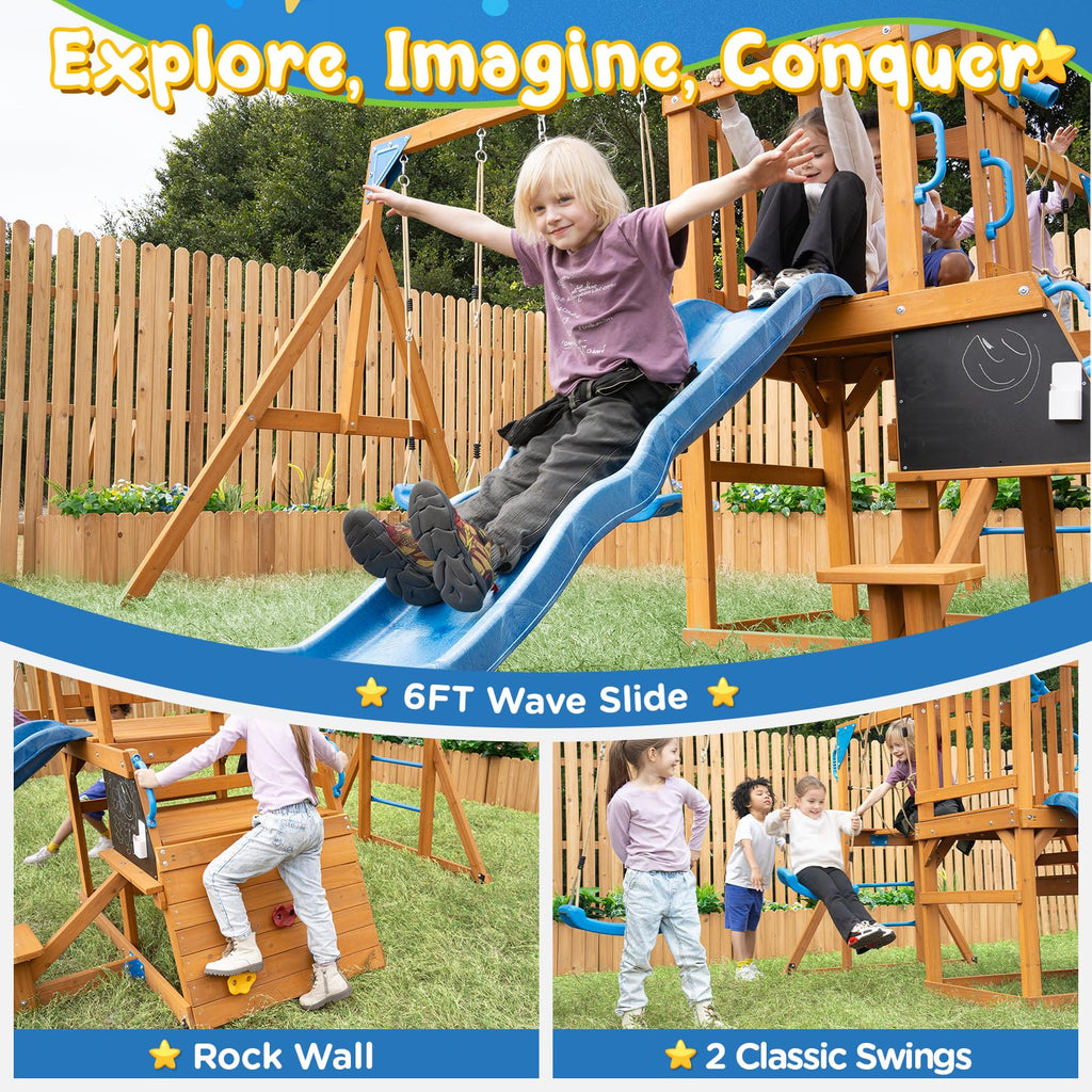 Playground Wooden Swing Sets for Backyard with Plank Bridge