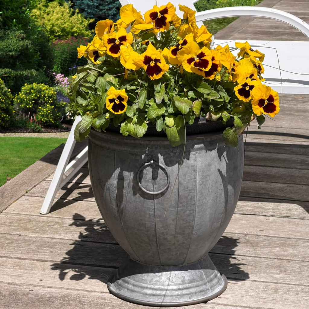 Durham Footed Urn Chubby Belly Planters, Set of 3, Ring Handles, Galvanized Metal, Vintage Grey, Indoor/Outdoor