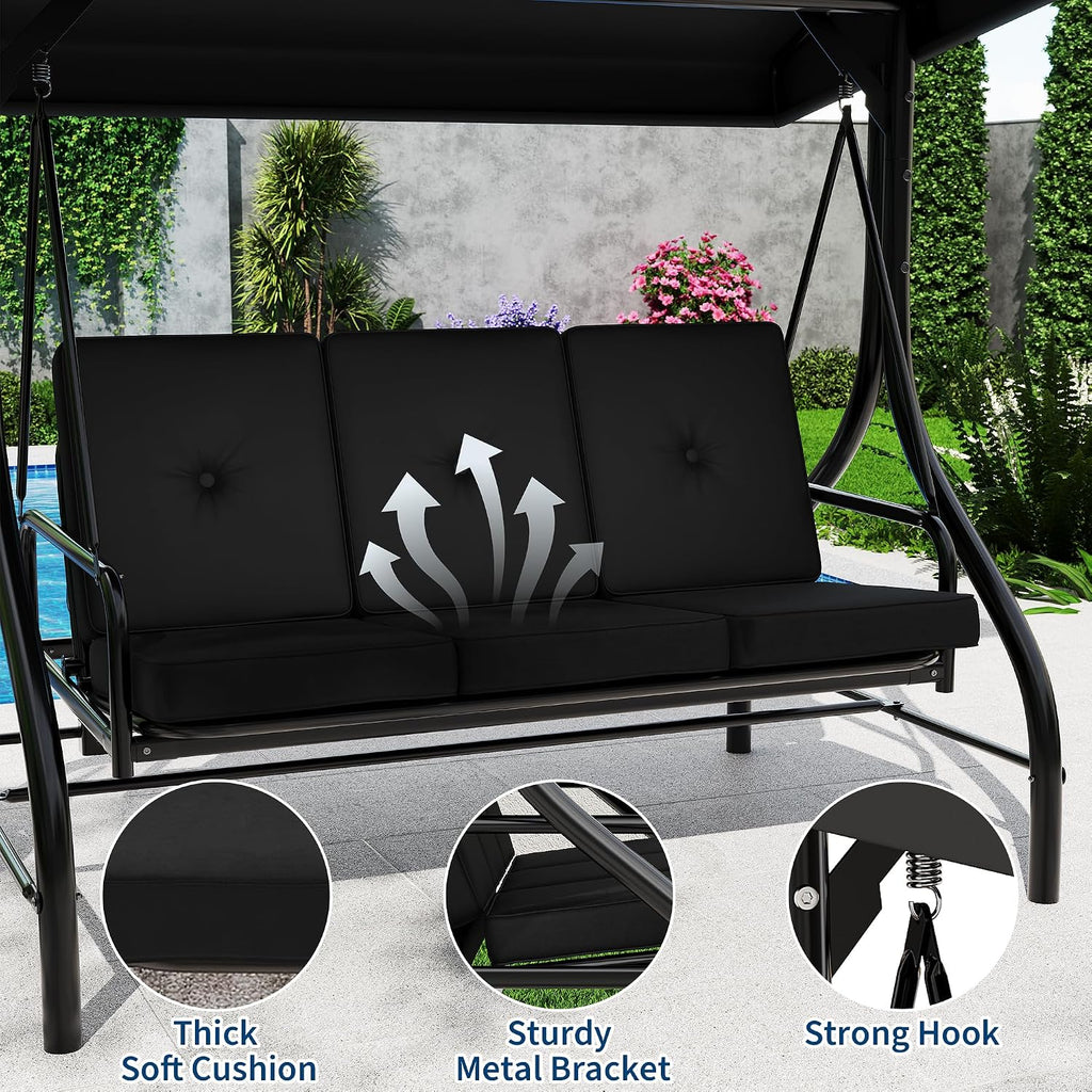 3 Seater Outdoor Porch Swing with Stand for Adults, 2-in-1 Convertible Design Patio Swing, Thick Soft Cushion &