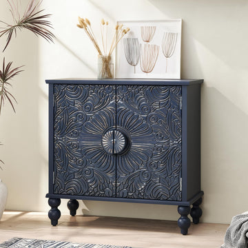 Solid Wood Buffet Cabinet, Accent Cabinet, 2 Carved Doors, Blue