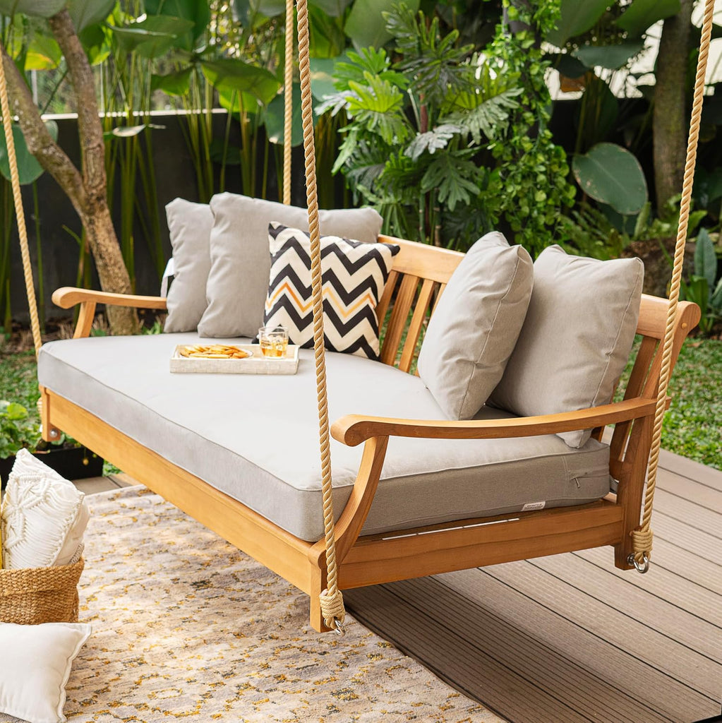 Robin Teak Wood 6 FT Porch Swing Bed, Upgraded Patio Porch Swing Daybed with Thick Cushion Support, 750 LB Weight