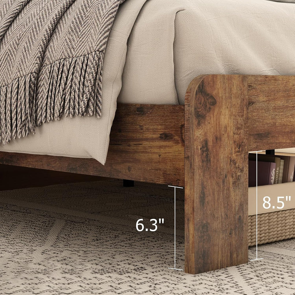 Wood Queen Bed Frame with Headboard, Rustic Farmhouse Platform Bed Frame with 12 Wood Slats Support, No Box Spring