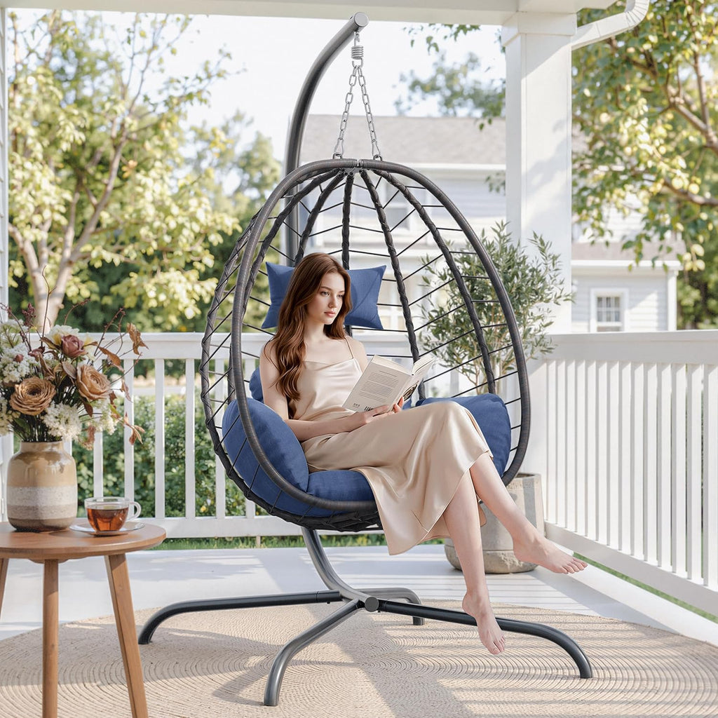 Foldable Egg Chair with Stand, 485LBS Capacity Wicker Rattan Hammock Swing Chair for Outdoor & Indoor, Patio Hanging
