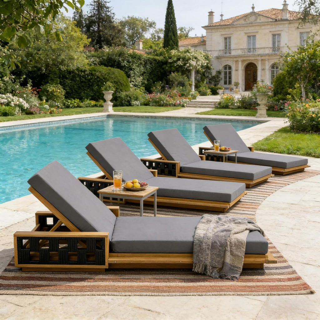 Acacia Wood Chaise Lounge with Dark Gray Cushion, 4" Thick Cushion, 300 lbs, Patio, Poolside, Garden, Indoor Use