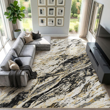 Area Rug Low Pile Washable Rug Black Gold