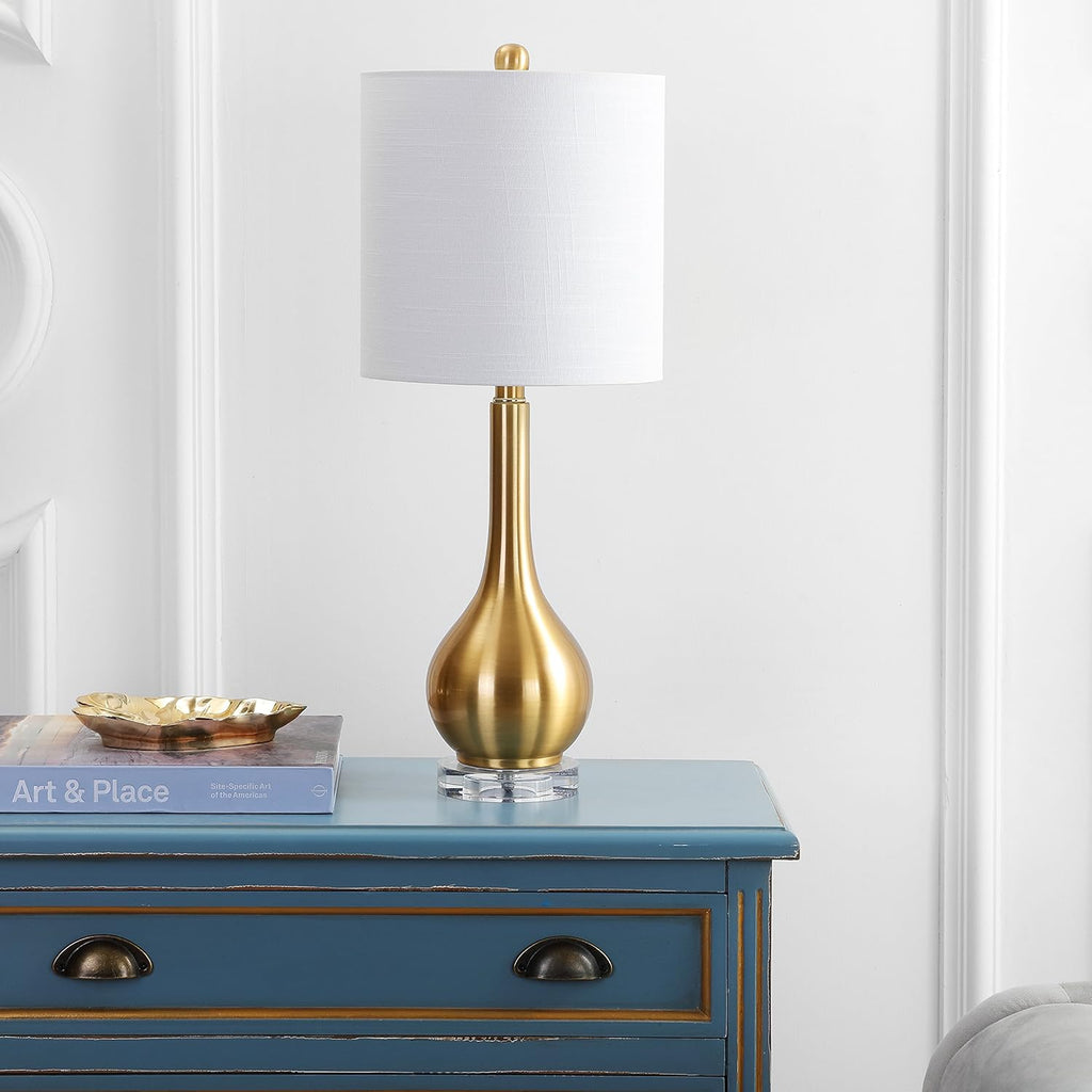 25" Brass Gold Metal and Crystal Teardrop LED Table Lamp Living Room Bedside Nightstand, White Linen Drum Shade