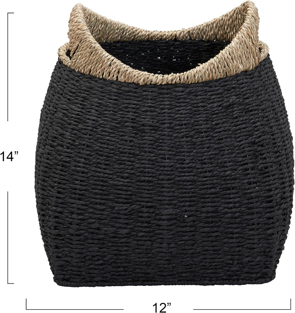Handled Seagrass Basket Decorative Storage Organizer with Sturdy Metal Frame, Natural and Black Finish