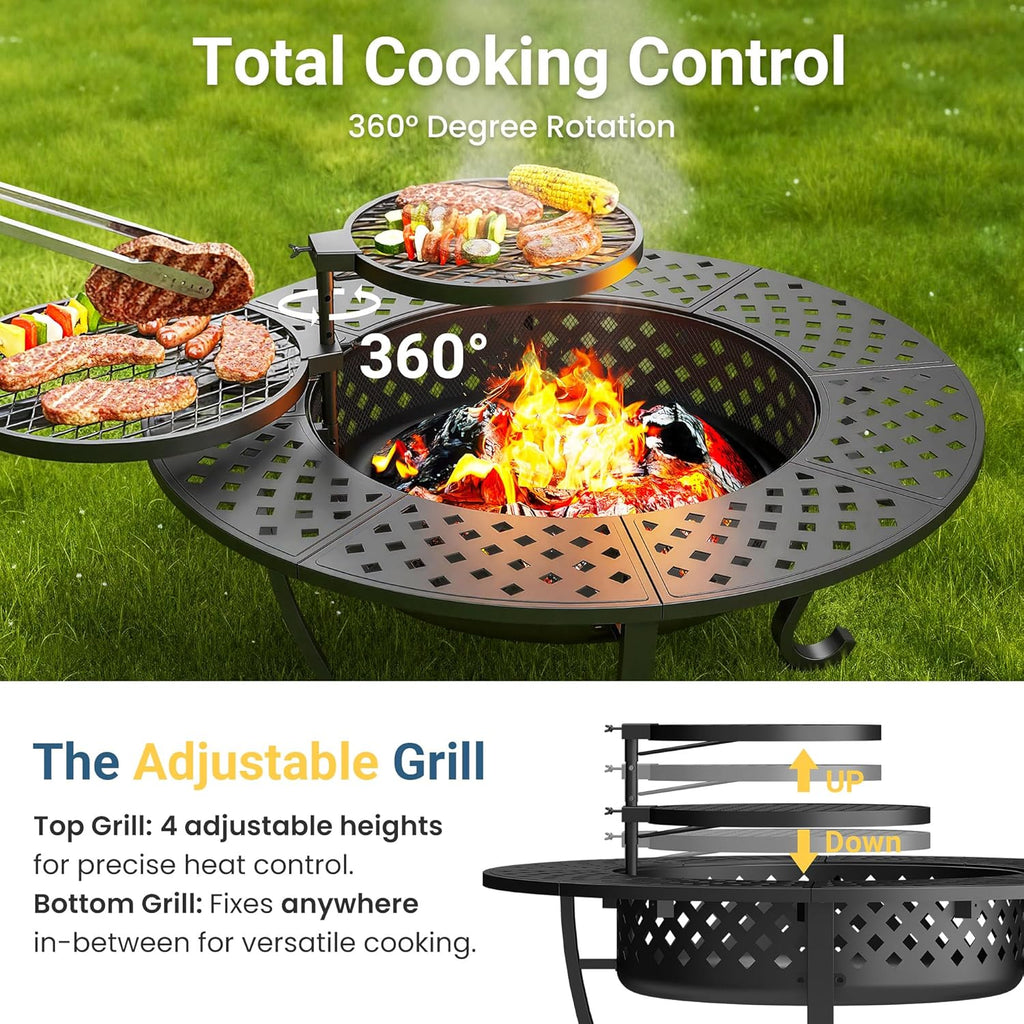 43 Inch Fire Pit - Wood Burning with Grill Table