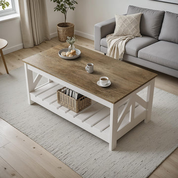 Farmhouse Coffee Table with Storage, Gray & White