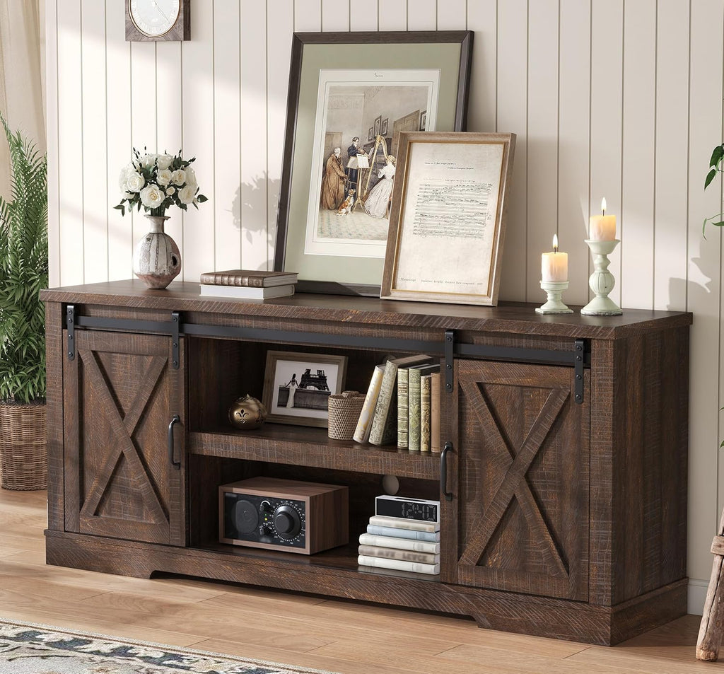 66" TV Stand for 65 Inch TV, Farmhouse Entertainment Center with Storage Cabinets and Adjustable Shelf & Feet, Modern