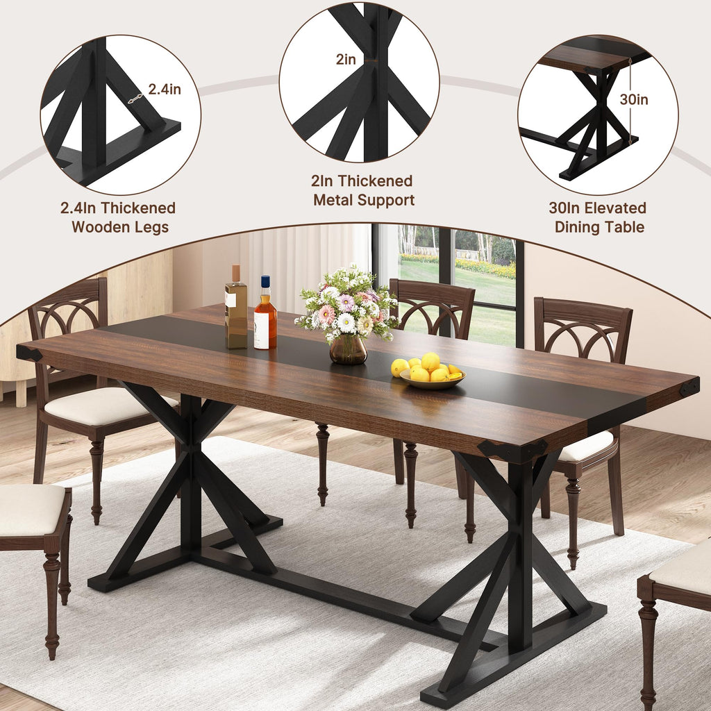 71 Inch Dining Table for 6 People, Rectangular Kitchen Farmhouse Table W/Thickness Waterproof Wood Tabletop, Long