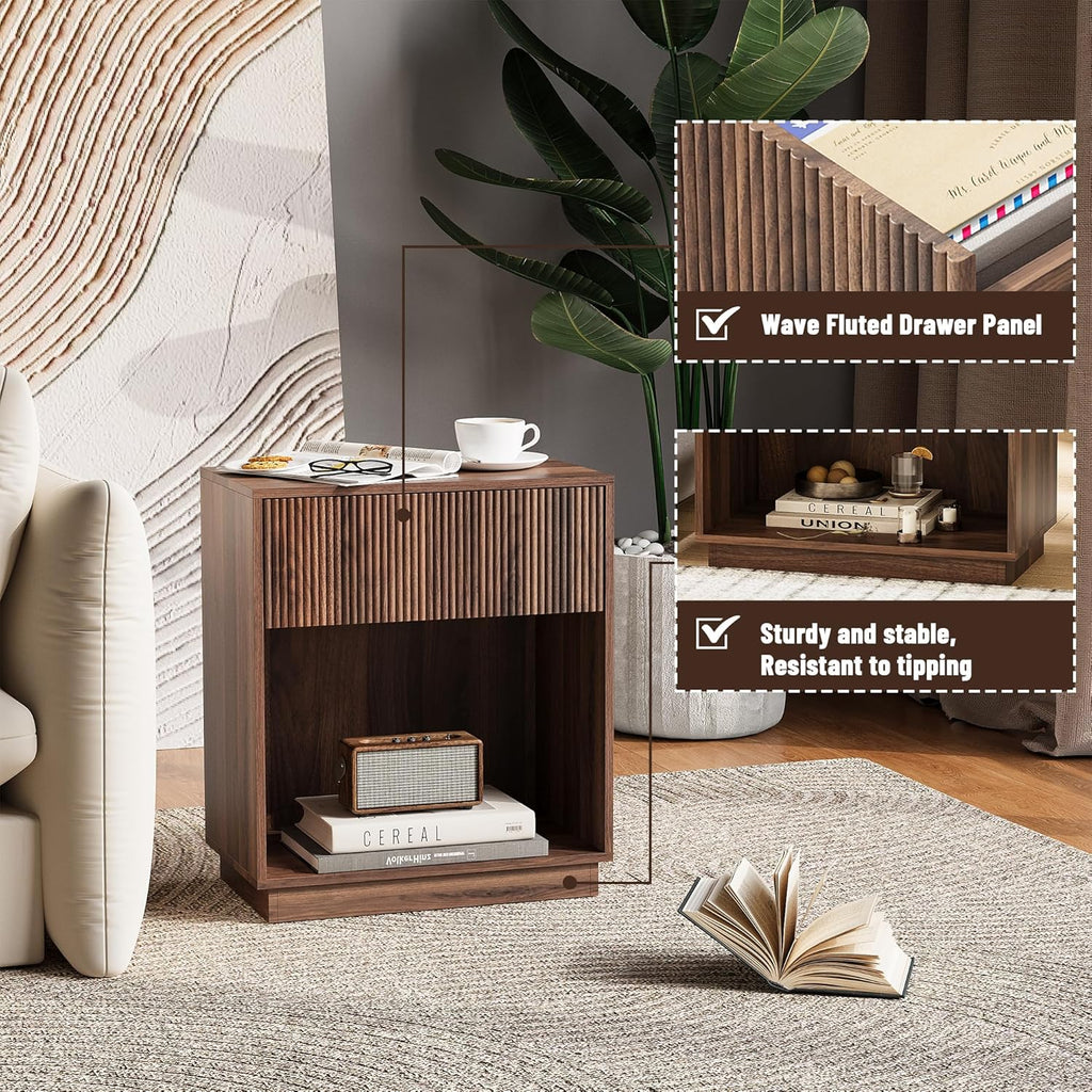 Fluted Nightstands Set of 2, Modern Bedside Table with Storage Drawer and Open Wood Shelf, Wood End Table Mid Century