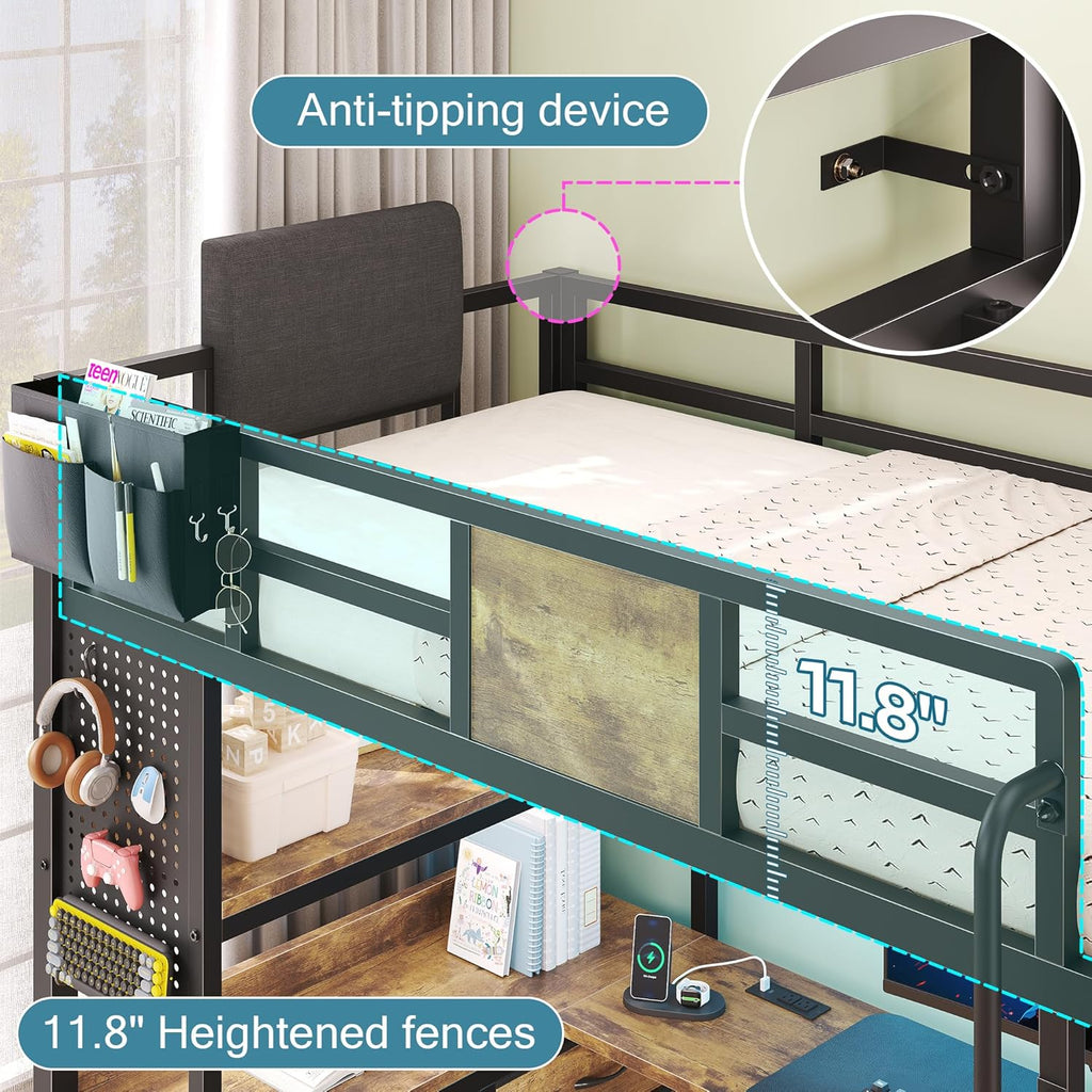 Loft Bed with Desk,Twin Loft bed with 5 Storage Drawers & 2 open Shelves & LED Light and Charging Station,Loft Bed