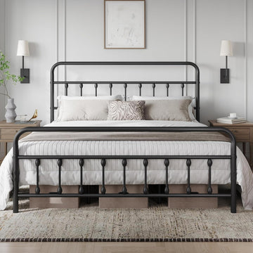 Classic Metal Platform Bed Frame Mattress Foundation with Victorian Style Iron-Art Headboard/Footboard/Under Bed