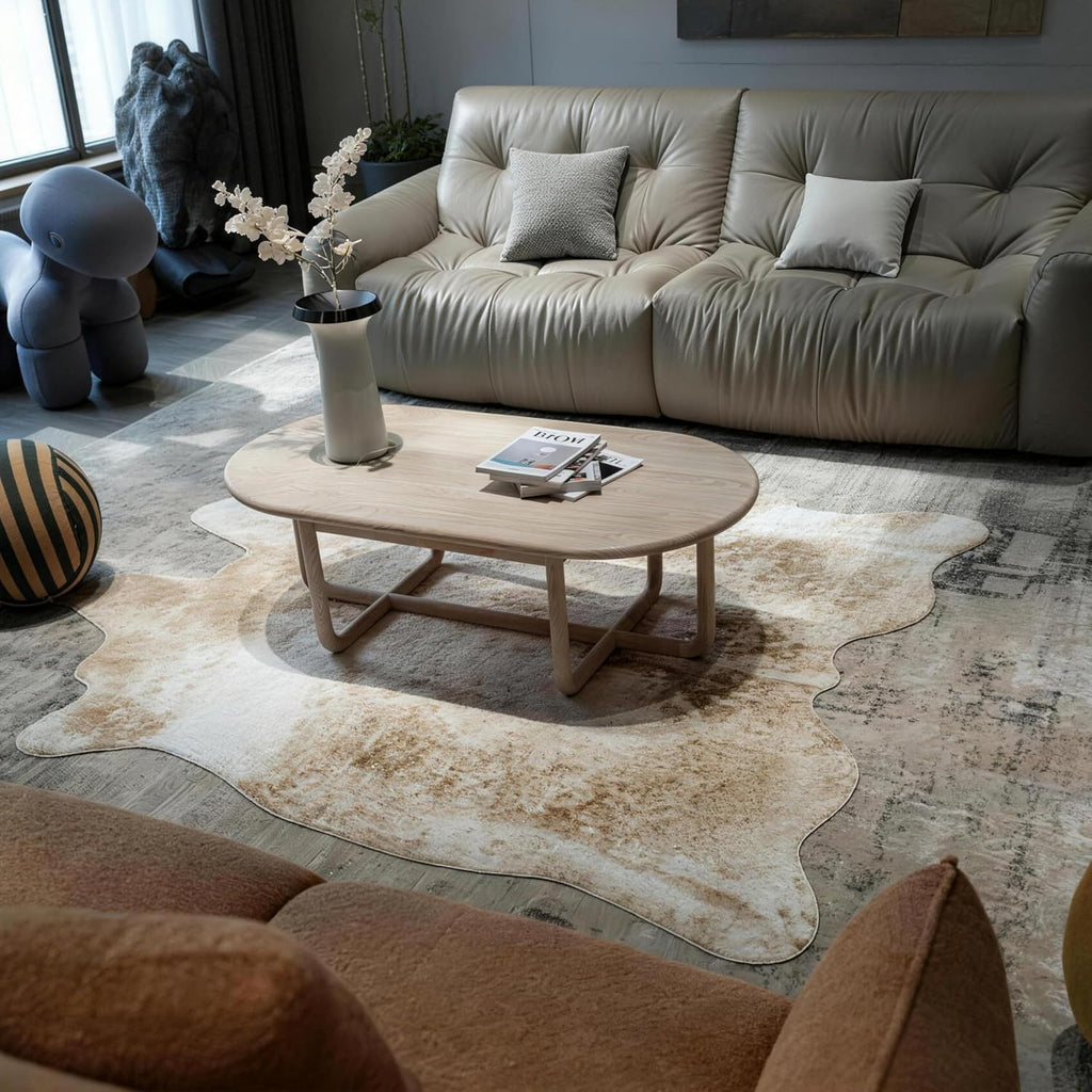 Large Faux Cowhide Rug Beige Brown Animal Print Shaggy Area Rug with Suede Backing, Non-Slip, Machine Washable