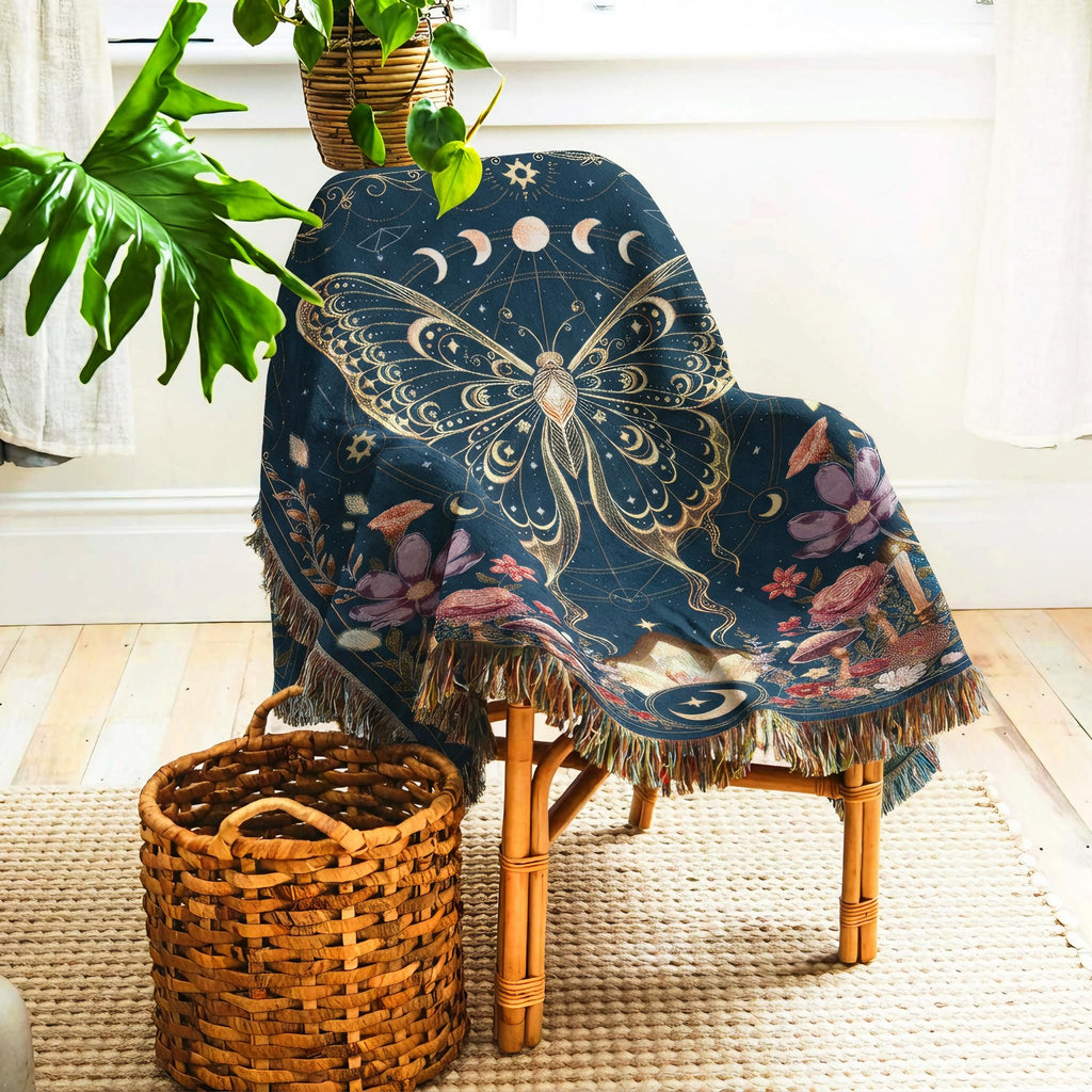Cotton Woven Butterfly Throw Blanket Whimsical Boho Throw Blanket with Tassels for Couch Bed Chair Lounge Hippie Room