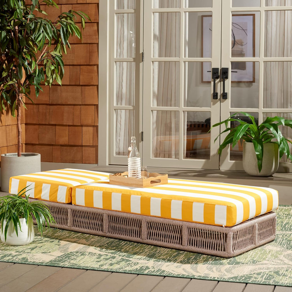 Outdoor Chaise Lounge Chair - Heather Tan & Yellow Stripe - Steel and Woven Rope - Adjustable 5-Position