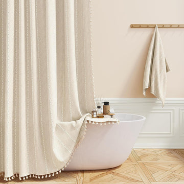 Boho Farmhouse Shower Curtain, Linen Rustic Weighted Striped Cloth Shower Curtain Set with Tassel, Water Repellent