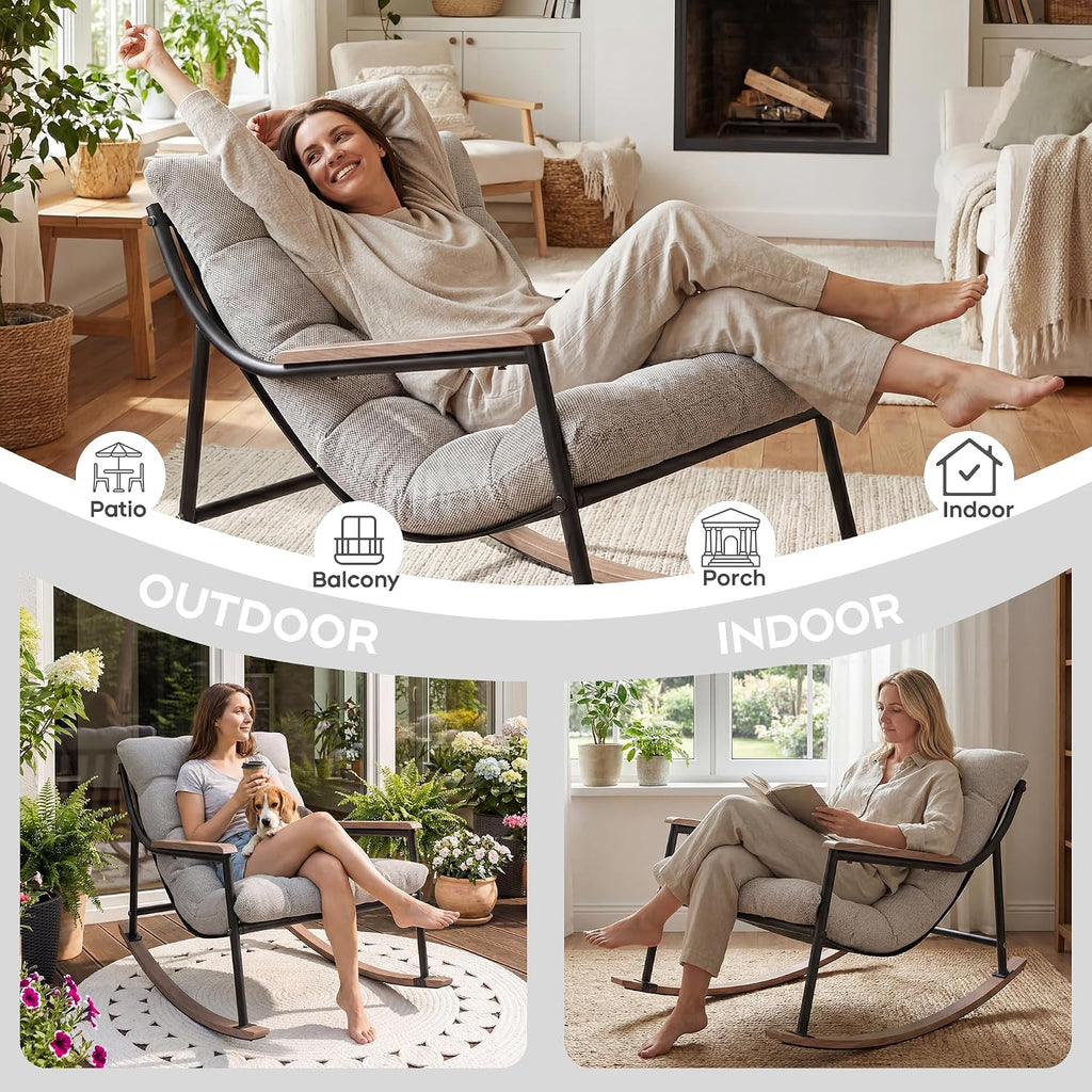 Outdoor Papasan Rocking Chair, All-Weather Rocking Chair with Thickened Cushion, Comfy Patio Reading Lounge for