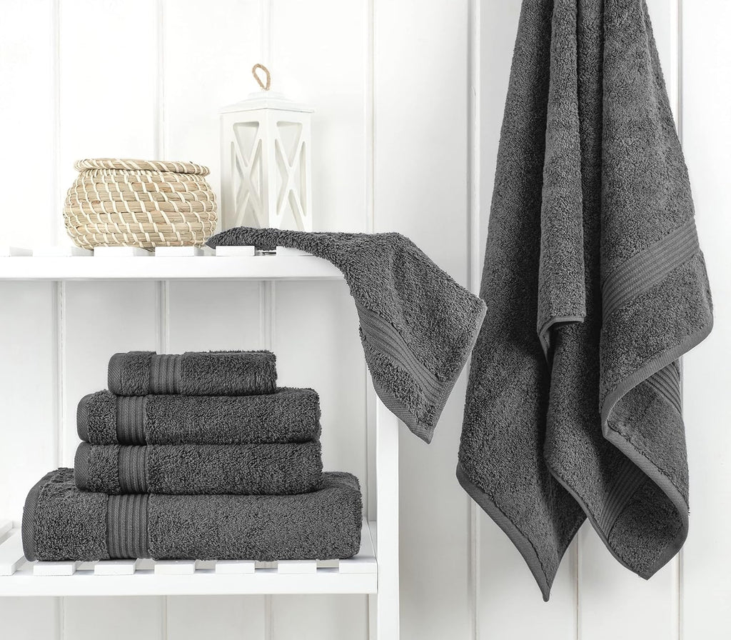 Set of 6, 2 Bath Towels, 2 Hand Towels and 2 Washcloths Towels Sets, Smoke Gray