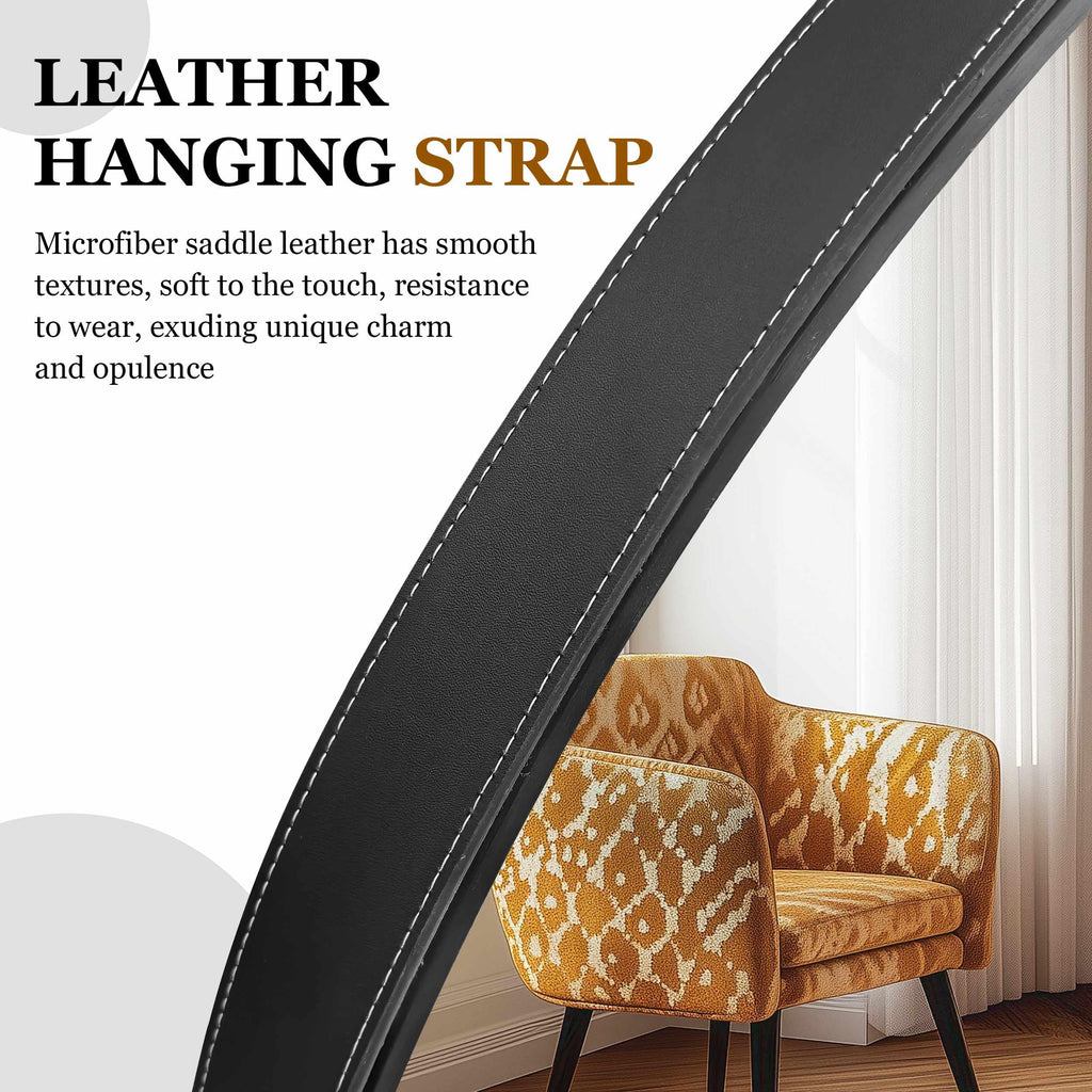 Hanging Strap Wall Mirror: 23.6" Round Bathroom Mirror Black Frame