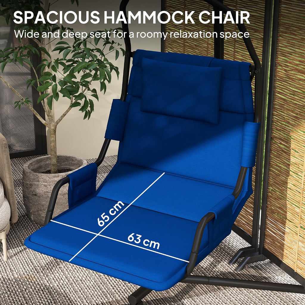 Hammock Chair with Stand, Oxford Fabric Cushion, Chain, Dark Blue | Hammock Swing, Oxford Fabric Cushion, Hanging