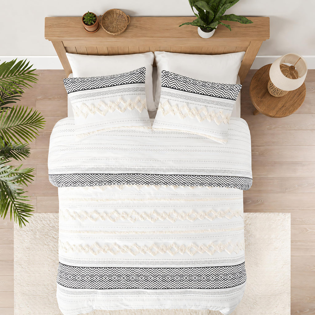 King Size Comforter Set, Boho Tufted 3-Piece Bedding Sets, Ivory