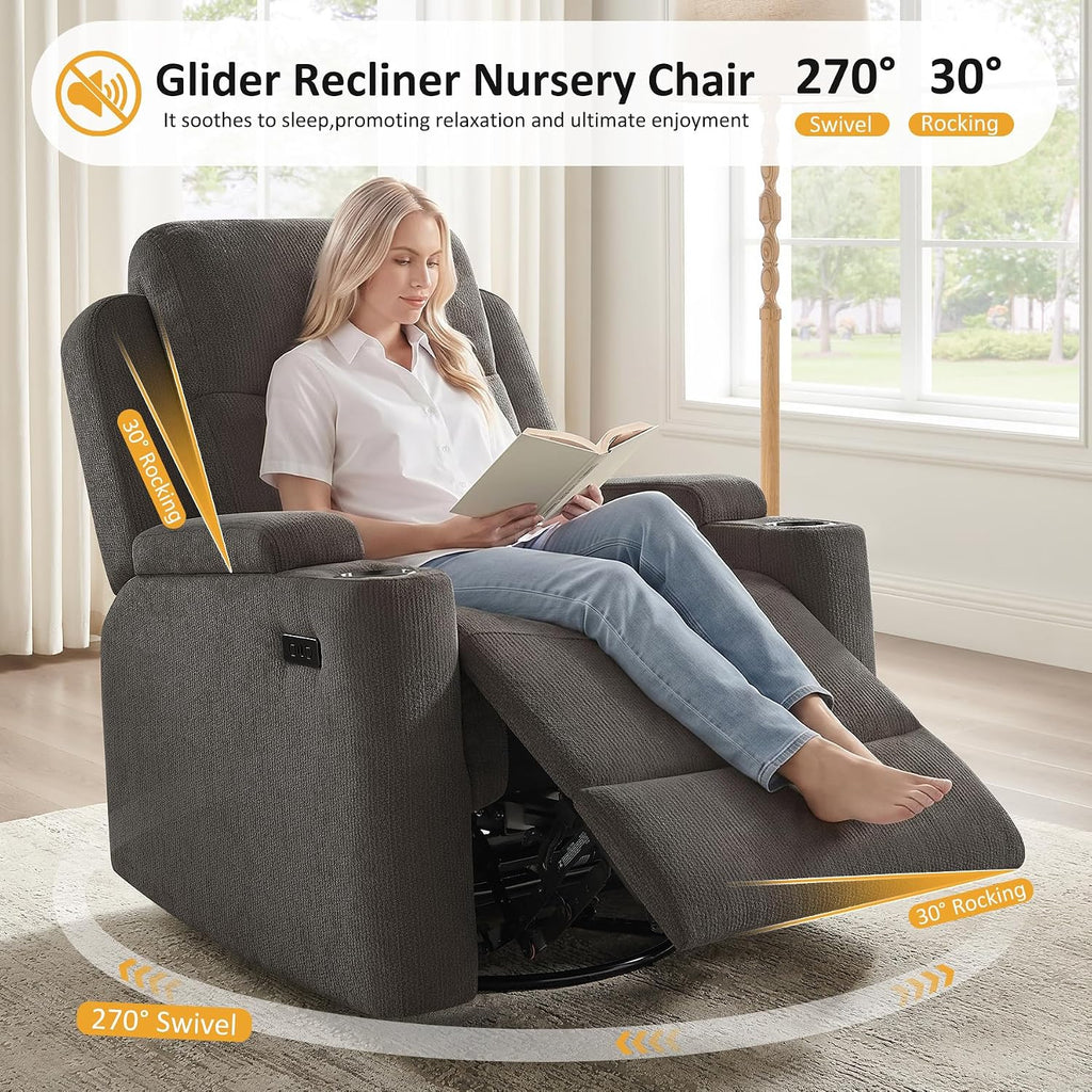 Power Nursery Glider Rocking Chair, Comfy Chenille Grey | 270° Swivel, USB & Type-C Ports, Cup Holder & Armrest