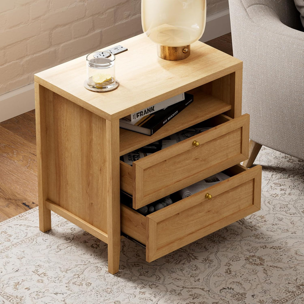 Modern Nightstand with 2 Drawers Wooden End Table with Charging Station Farmhouse Night Stand Bedside Side Table with