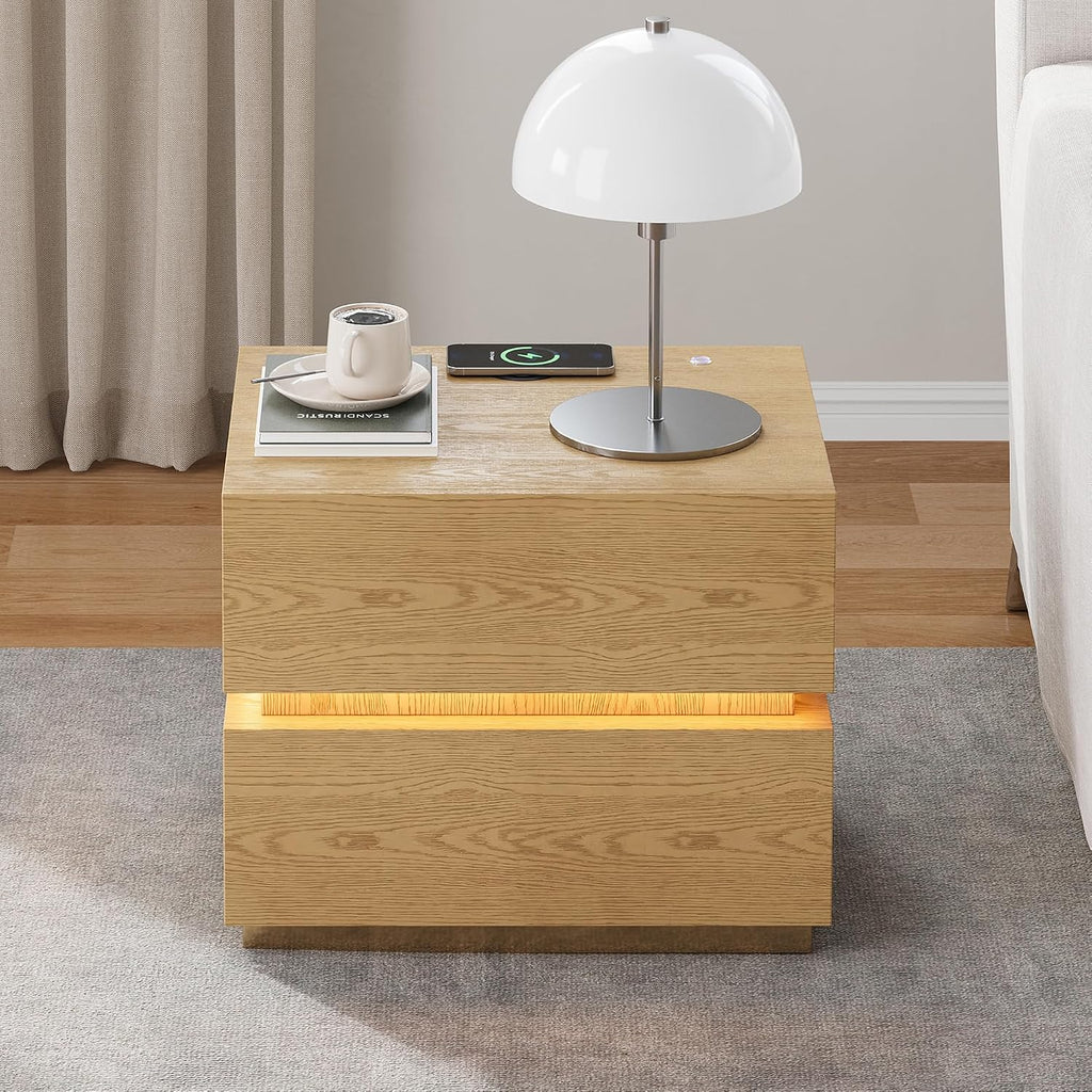 Smart Nightstand Set of 2 with Wireless Charging Station, USB & Type-C Ports, LED Light, 2 Drawers - Modern Natural