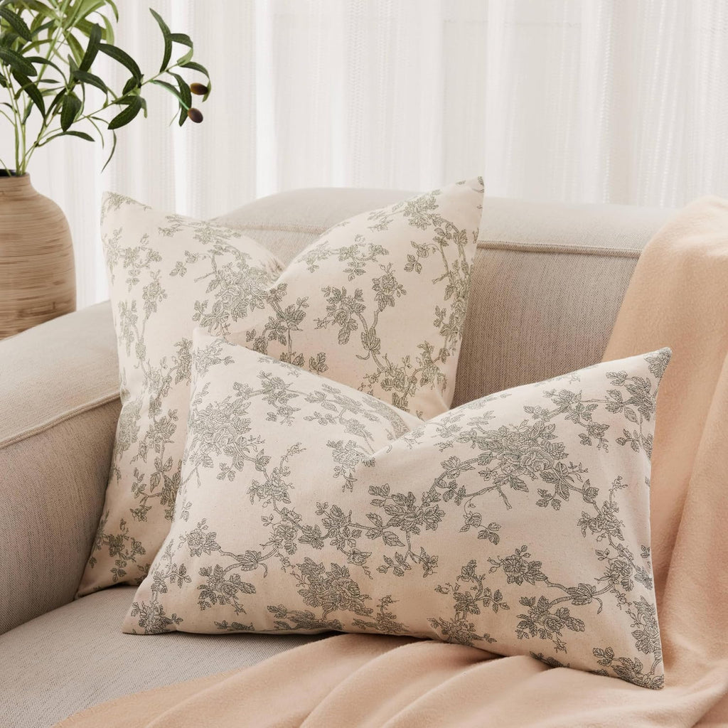 100% Cotton French Pastoral Lumbar Throw Pillow Covers Set of 2, 12x20 Inch Green Farmhouse Decorative Cushion Covers