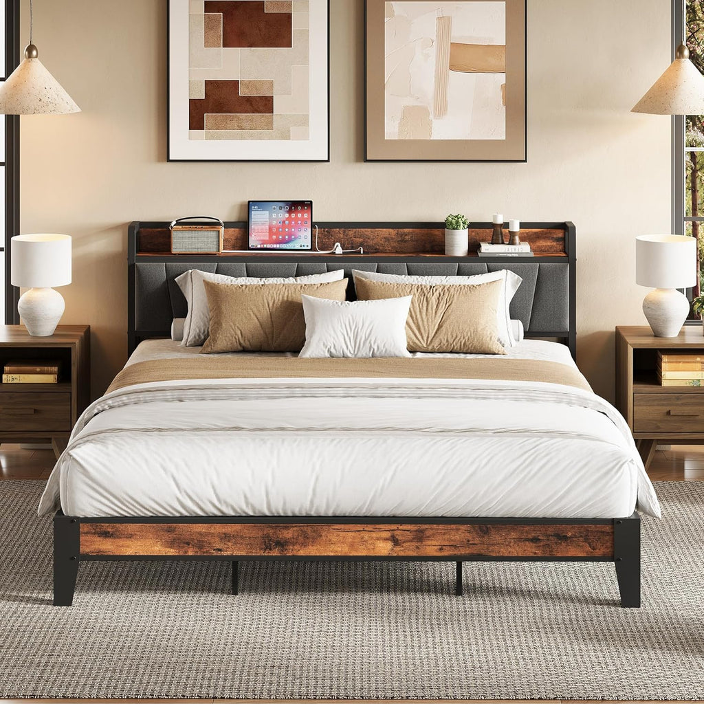 King Bed Frame, Storage Headboard with Charging Station, Solid and Stable, Noise Free, No Box Spring Needed