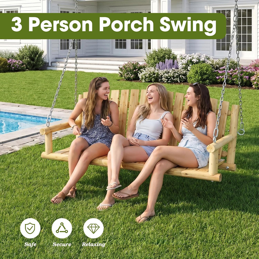 5FT Outdoor Wooden Porch Swing, 3 Person Patio Hanging Bench, Heavy Duty 900 LBS Swing Chair, Solid Fir Wood Porch