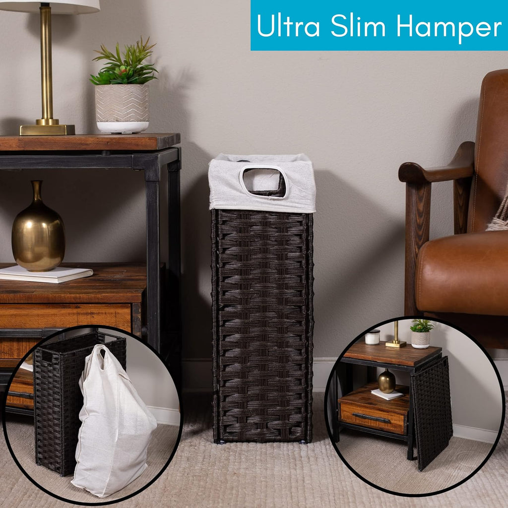 Slim Laundry Hamper with Removable Liner Bag | Brown | Hand Woven | Compact Collapsible Clothes Basket | Synthetic PE