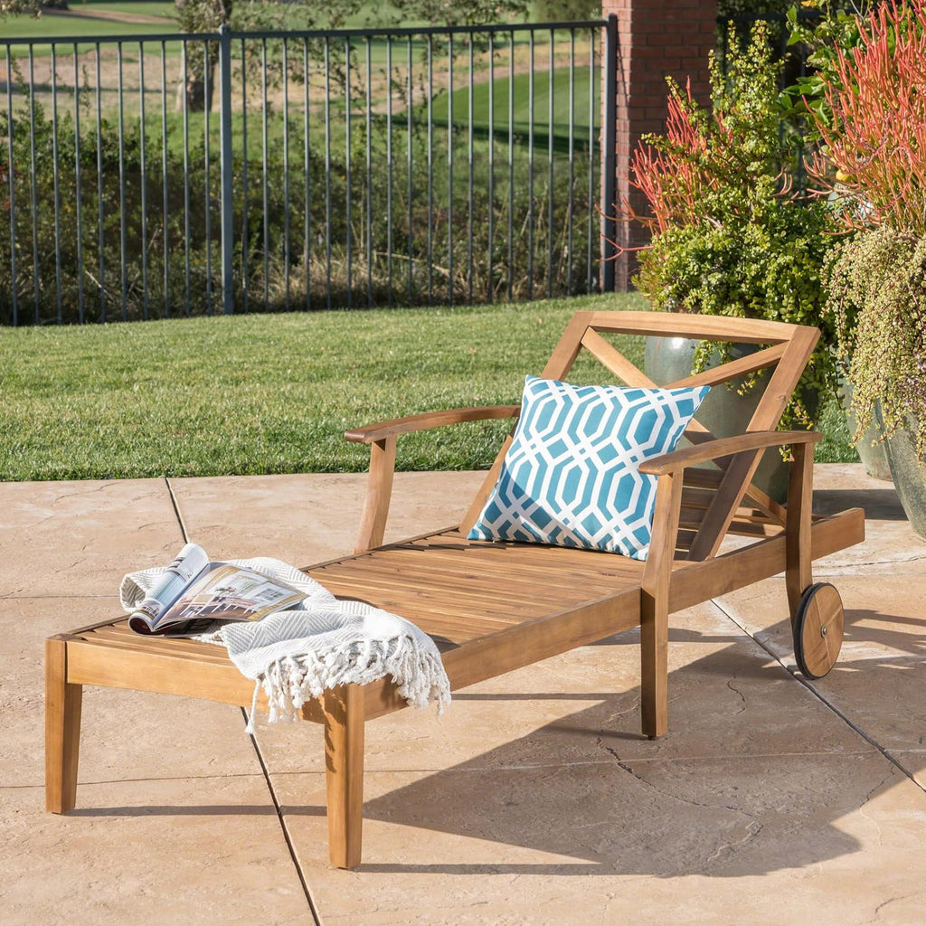 Outdoor Chaise Lounge Pool Sun Lounger Daybed Sofa with Wheels, Teak | 5-Position Adjustable Backrest, Sturdy Solid