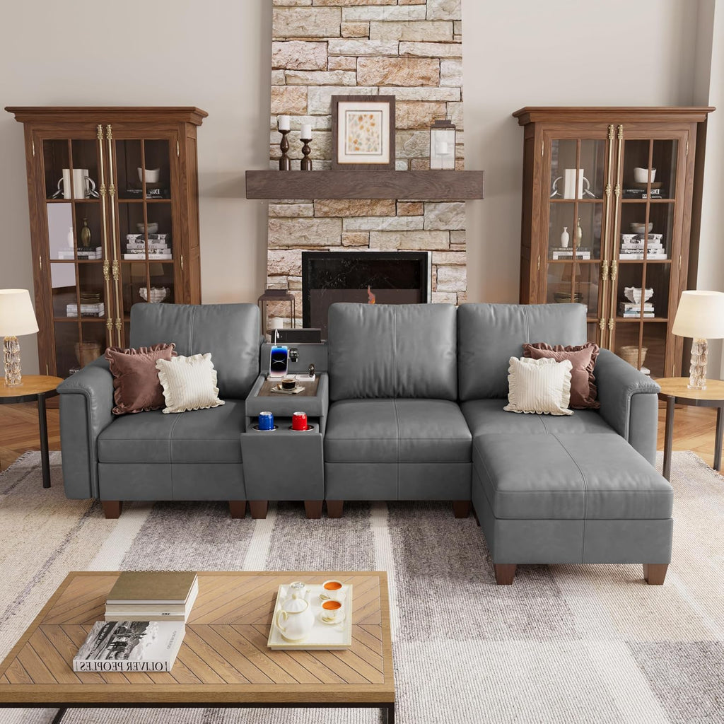 Faux Leather Modular Sectional Sofa with Storage, Mid Century Modern Sectional Couches , 105" Wide 4 Seat L Shaped