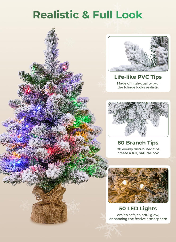 1.9ft Pre-lit Artificial Mini Christmas Tree, PVC Flocked Tabletop Decor