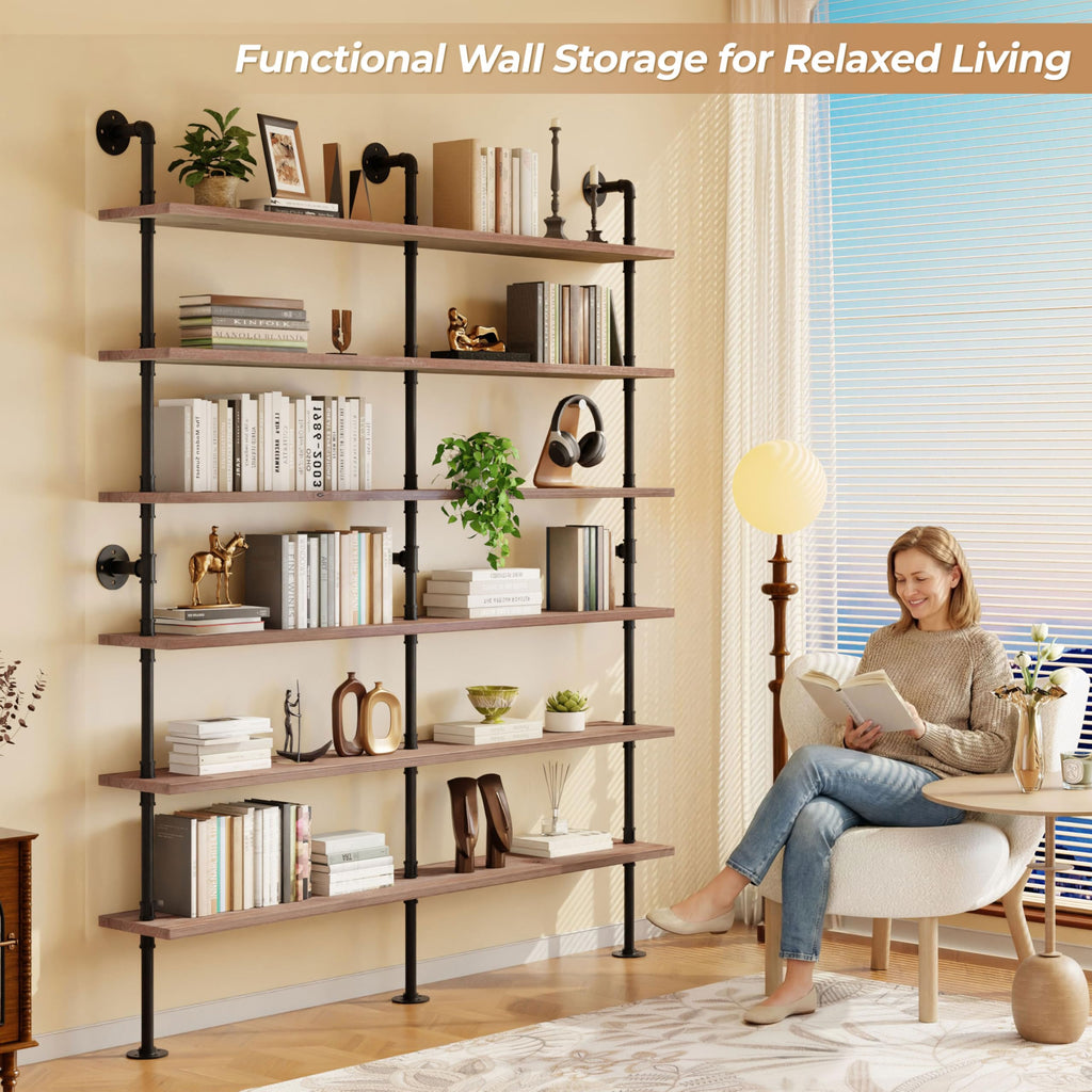 Industrial Pipe Bookshelf, Wall Mounted Shelf, 70 Inch, Weathered Brown