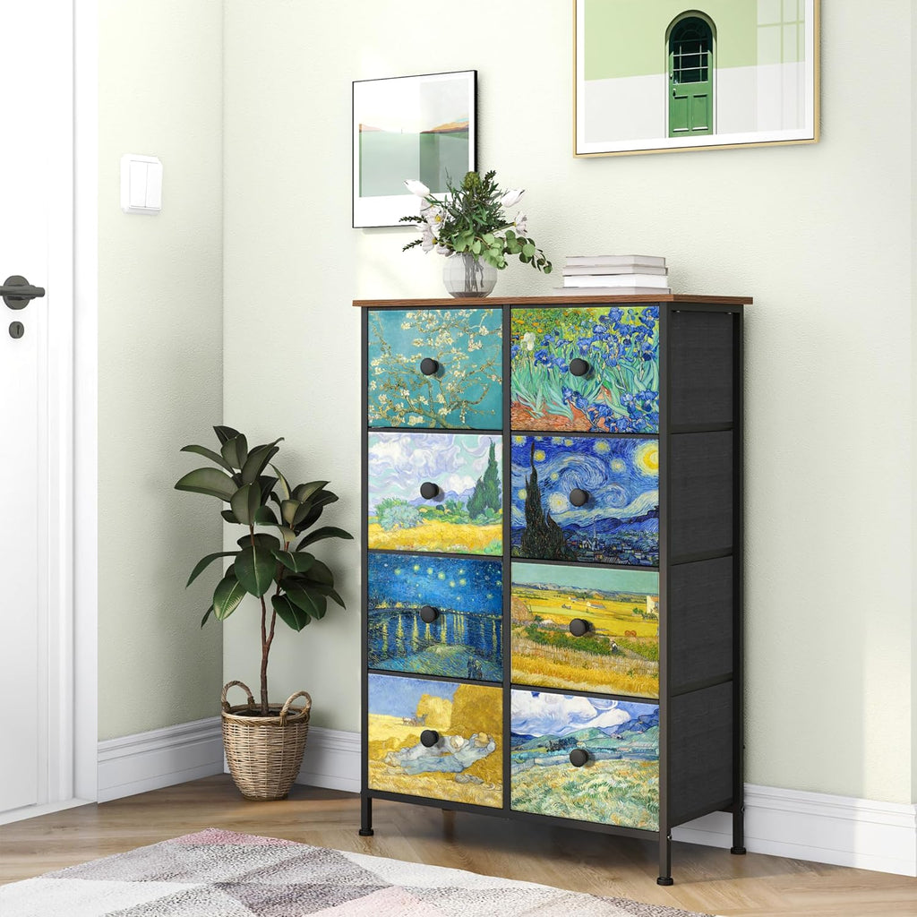 Tall Dresser with 8 Drawer Narrow Van Gogh Chest of Drawers Closet Living Room Steel Frame Rustic Brown Wood Grain