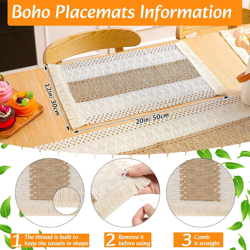 Boho Placemat Table Runner Napkin Rings, Khaki, 12x72, 6 Sets | Woven Mats for Dining with Wood Bead Rings, Cloth