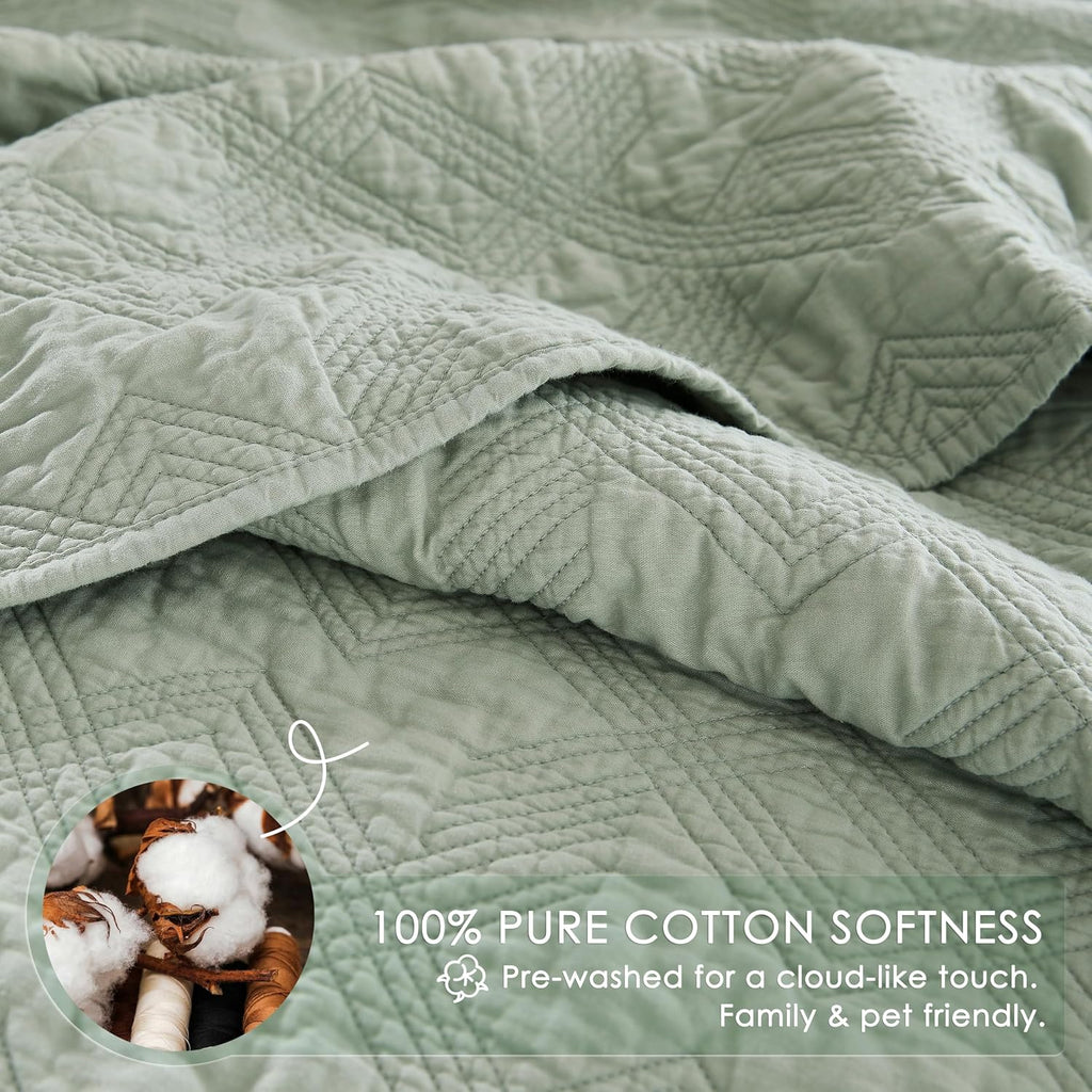 100% Cotton Quilt Set - Sage Green Pre-Washed Soft Lightweight Modern Bedspread, Farmhouse Country Rustic