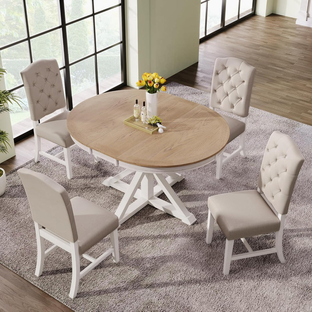 Extendable Round Dining Table for 4-8, Farmhouse 42"-54'' Expandable Kitchen Table with Removable Leaf and Pedestal
