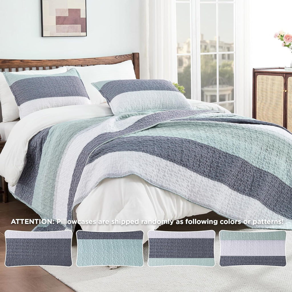 Queen Quilt Bedding Set Sage Green, 3 Pieces Striped Bedspreads - Set of 3
