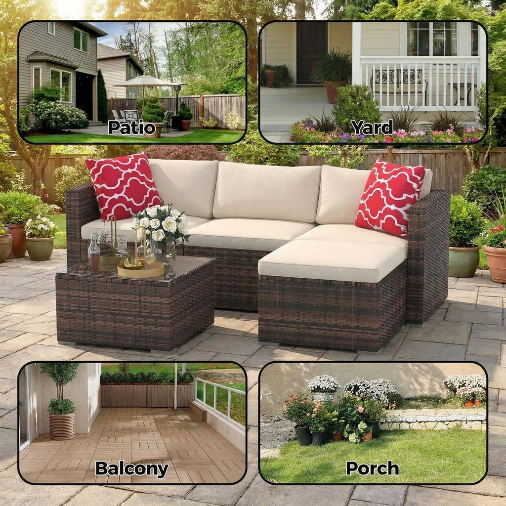 5-Piece L-Shaped Outdoor Patio Furniture Set, PE Wicker Sectional Sofa Set with Cushions and Tempered Glass Table