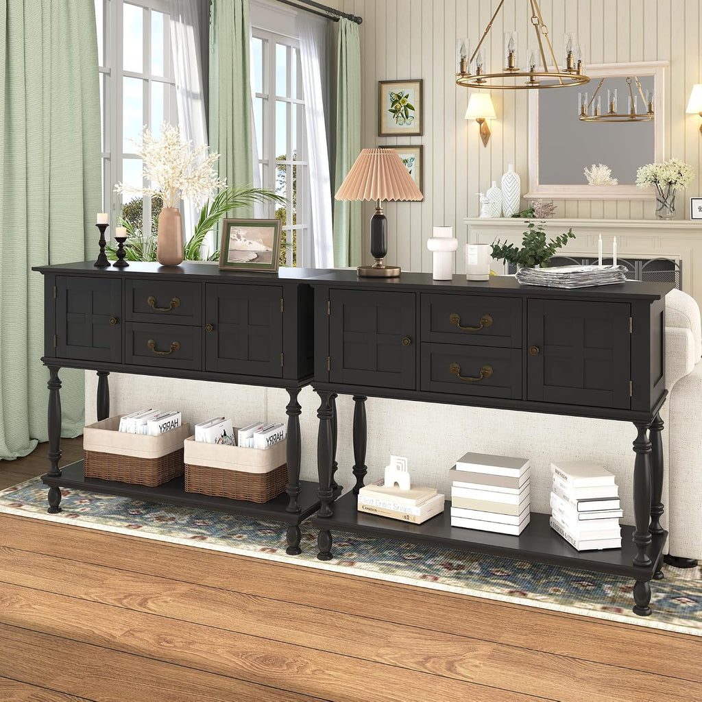 Farmhouse Console Table with Storage, Narrow Entryway Table with 2 Drawers & 2 Door Cabinets, Sofa Table Behind Couch