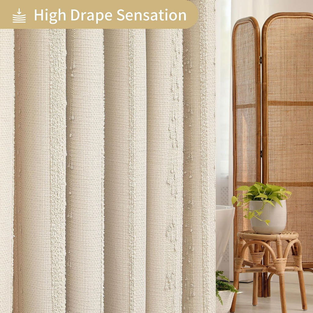 Beige Shower Curtain Boho, 72 x 72 Cotton Blend Waffle Weave Stripe Textured Heavy Duty, Fabric Shower Curtain