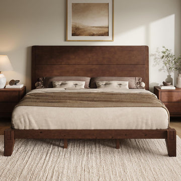 Solid Wood King Bed Frame with Headboard, Japanese Joinery, Walnut